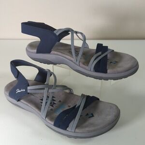 Skechers‎ Reggae Slim Takes Two Strappy Sandals Navy Comfort Memory Foam US 9